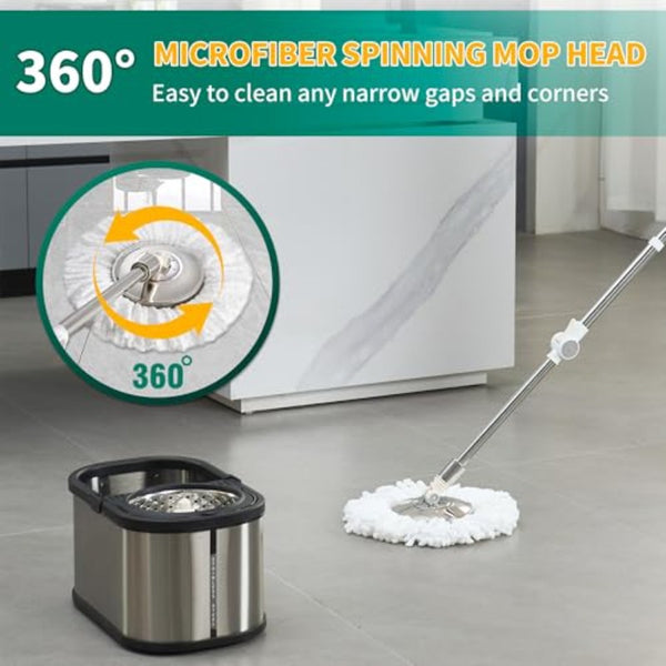 Stainless Steel Spin Mop and Bucket System with Wringer - 360° Spinning Mop