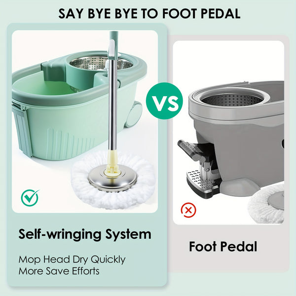 Durable Spin Mop Bucket with Wringer Set - 360° Rotating, 3 Microfiber Replacement Heads