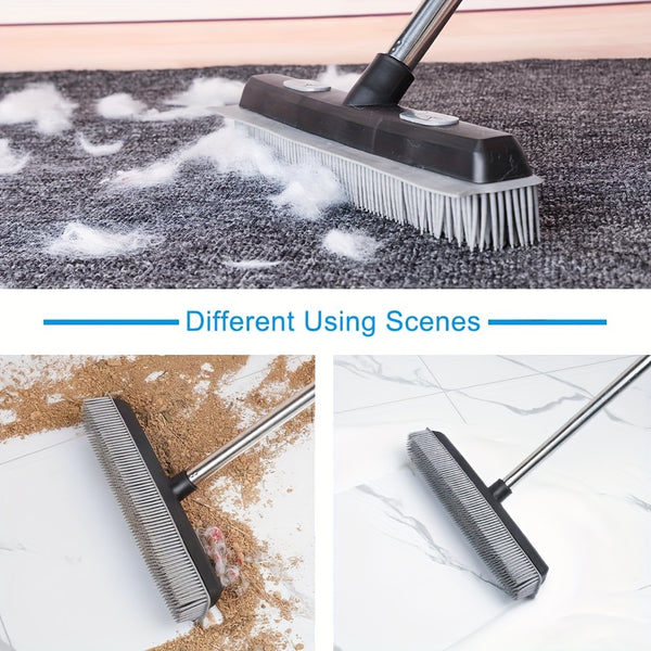 Pet Hair Rubber Broom With Carpet Rake And Squeegee, 2 In 1 Floor Brush For Carpet