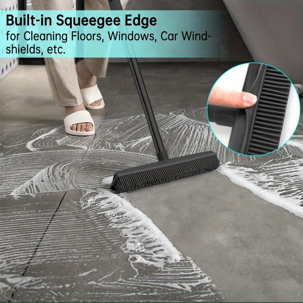 2-in-1 Rubber Broom with Squeegee Edge, Adjustable Long Handle