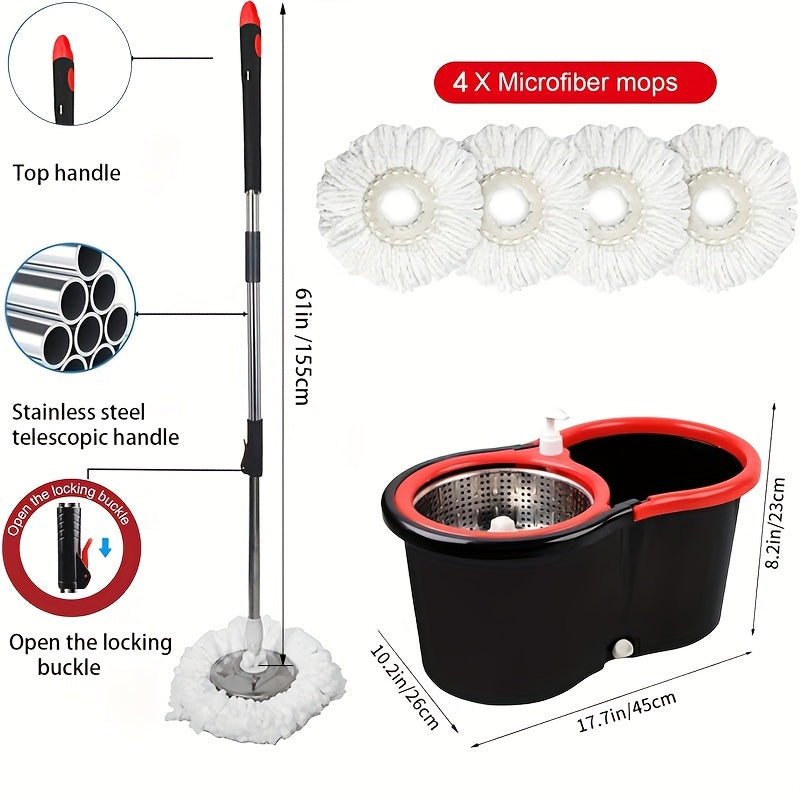 Spin Mop And Bucket With Wringer Set, 360° Spinning Mop Bucket System With 4 Microfiber Mop Replacement Heads