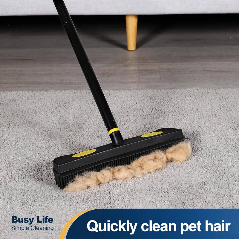 2-in-1 Pet Hair Removal Rubber Broom with Squeegee & Carpet Rake - 57.5” Long Handle Heavy-Duty Floor for