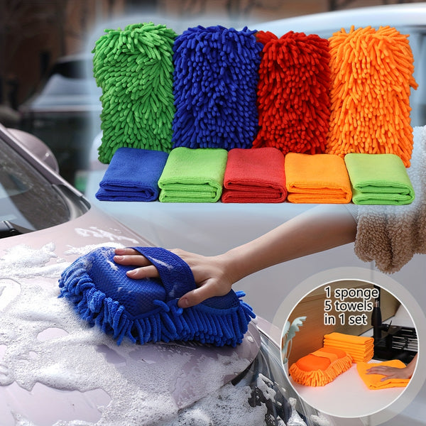 Super Absorbent Microfiber Car Wash Sponge And Towel Set - 6pcs Set Including 1 Chenille Cleaning Sponge