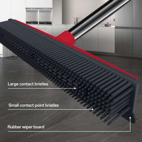 1-in-1 Pet Hair Remover Broom with Squeegee & Brush - Heavy-Duty Rubber Floor Sweeper for