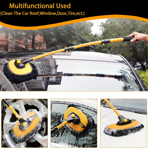 Black and Yellow Telescopic Mop and Towel Car Wash Set - Durable Microfiber