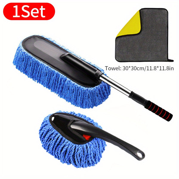 3pcs Car Wash Mop with Extendable Handle, Ultra-Fine Microfiber Wax Brush Kit