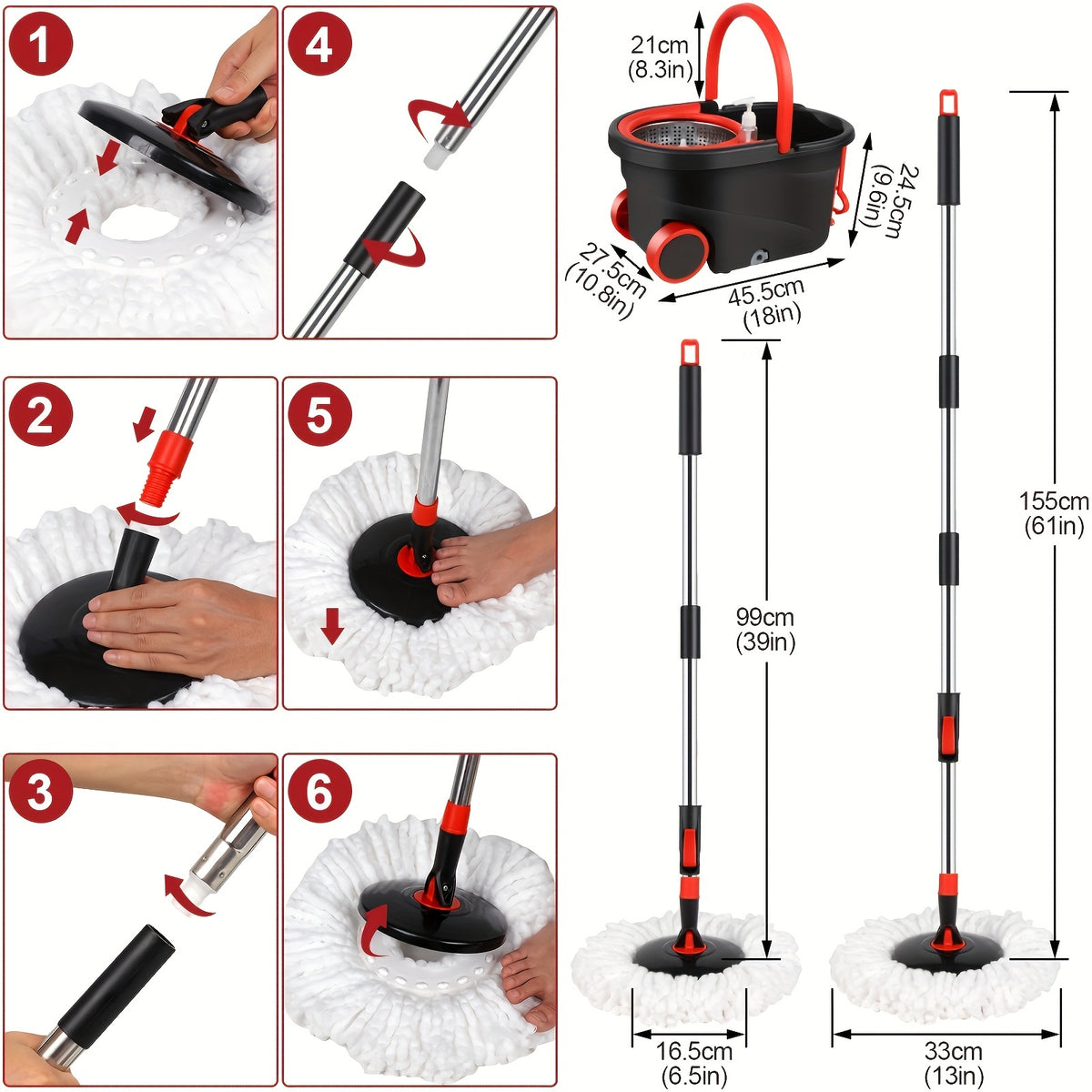 Spin Mop and Bucket with Wringer Set on Wheels, 360° Spinning Mop Bucket System with 3 Microfiber Mop Replacement Heads
