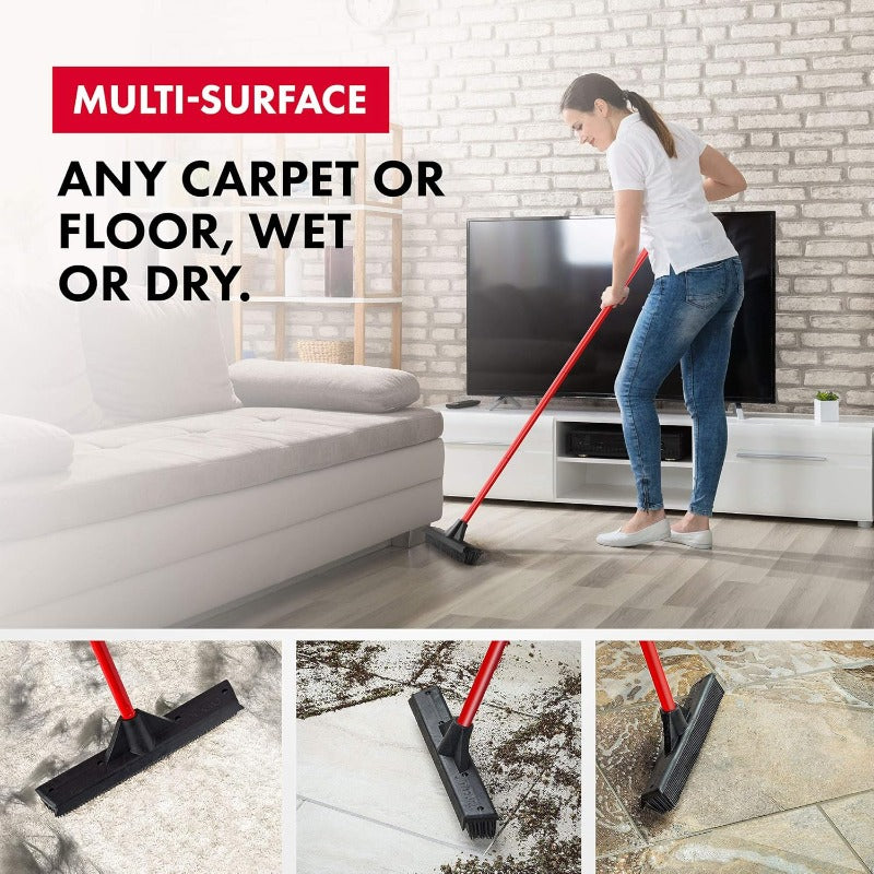Heavy-Duty Pet Hair Remover Broom with Built-In Squeegee - Rubber Carpet & Floor Sweeper