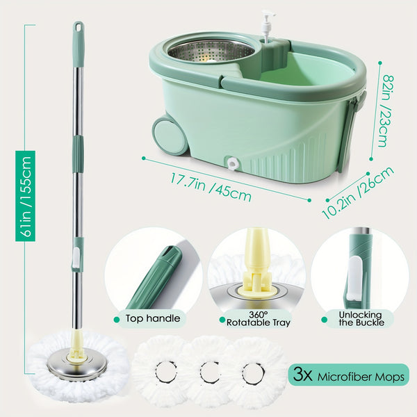 Durable Spin Mop Bucket with Wringer Set - 360° Rotating, 3 Microfiber Replacement Heads