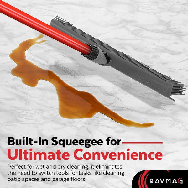 2-in-1 Heavy-Duty Pet Hair Removal Broom with Swivel & Long Handle - Heavy-Duty Rubber Bristles & Squeegee Attachment