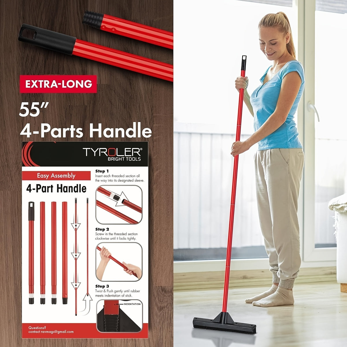 Commercial\u002FHeavy-Duty Pet Hair Remover Rubber Broom with Built-In Squeegee & Carpet Rake - Multi-Surface Floor for Hardwood Floors