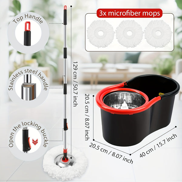 Spin Mop And Bucket with Wringer Set, 360° Spinning Mop And Bucket System with 3 Microfiber Mop Replacement Heads