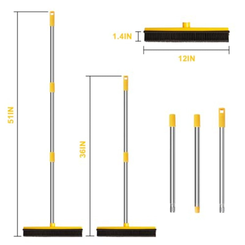 Adjustable & Extended- 52”\u002F37” Pet Hair Removal Broom with Squeegee - Dual-Sided Rubber Carpet Rake