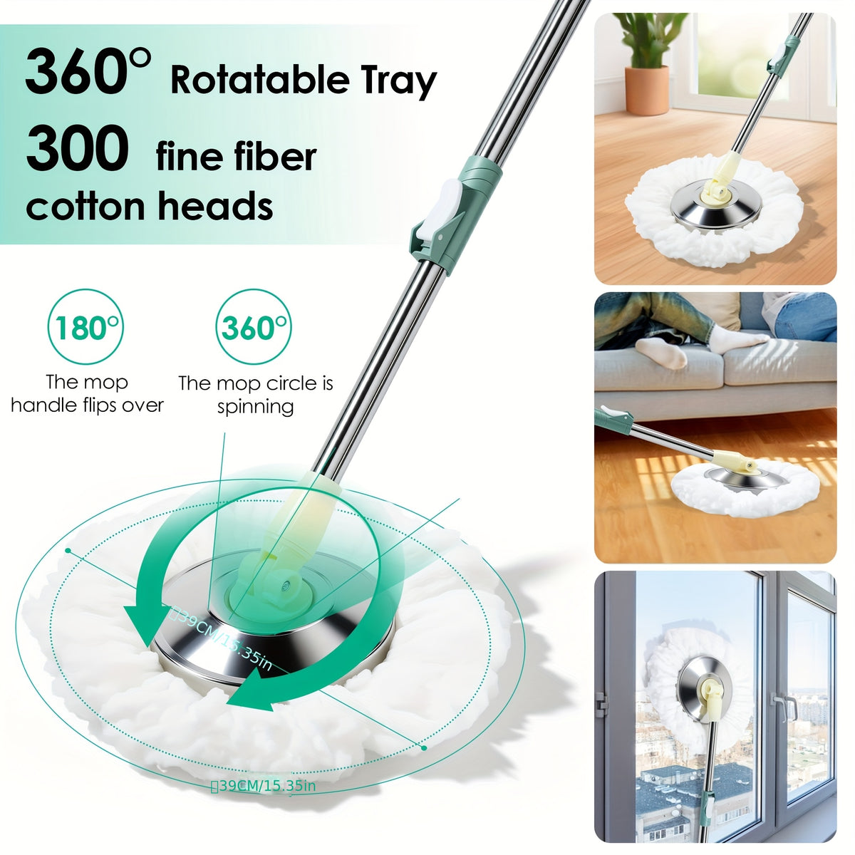 Durable Spin Mop Bucket with Wringer Set - 360° Rotating, 3 Microfiber Replacement Heads