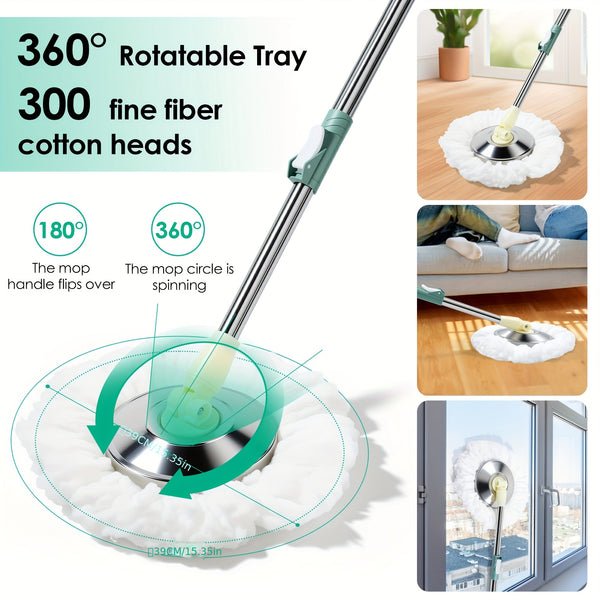 Durable Spin Mop Bucket with Wringer Set - 360° Rotating, 3 Microfiber Replacement Heads