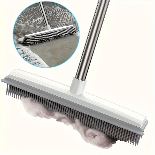 Pet Hair Removal Broom with Rubber Brush & Squeegee - Carpet Groomer for Floor Cleaning