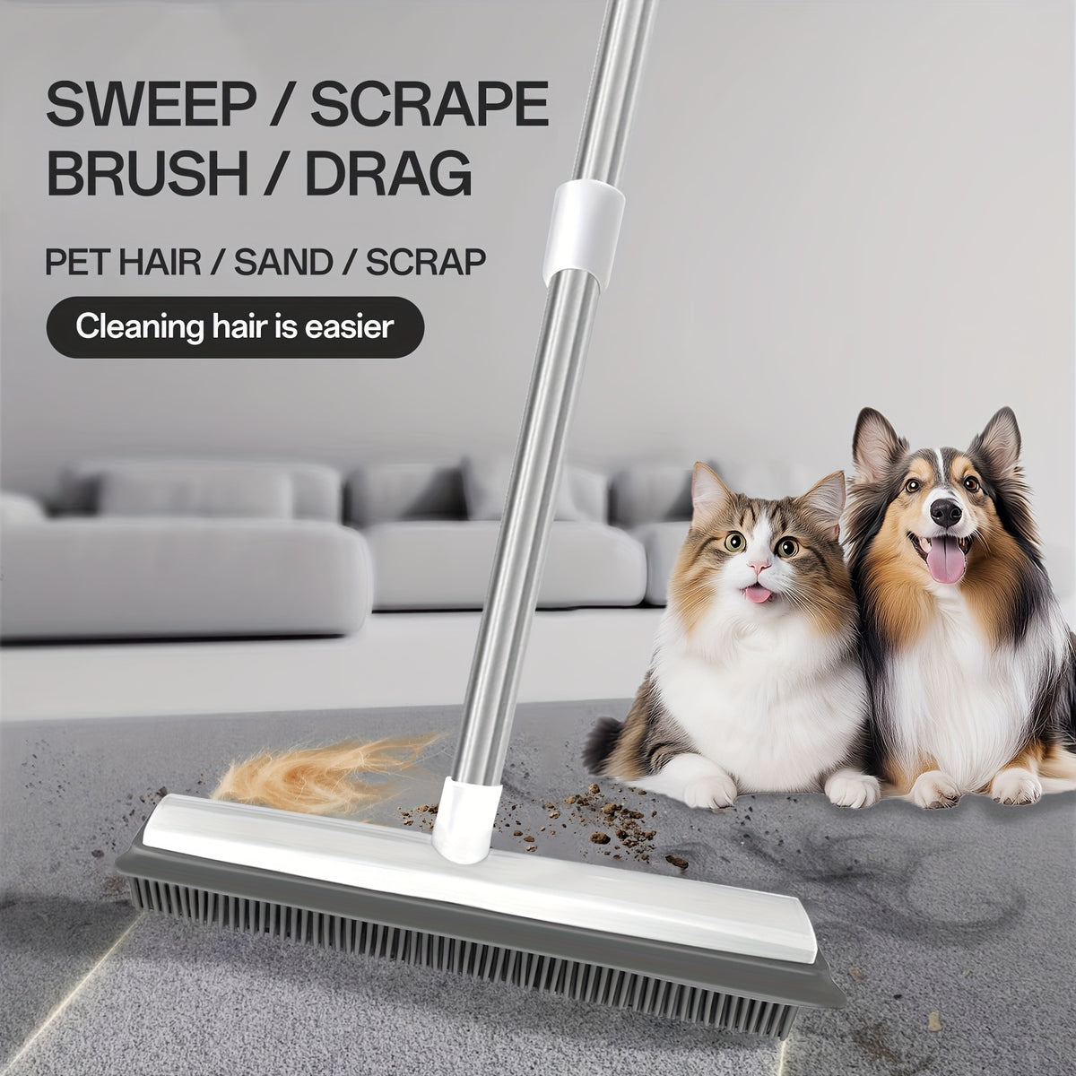 1-in-1 Pet Hair Remover Broom with Squeegee & Brush - Heavy-Duty Rubber Floor Sweeper for