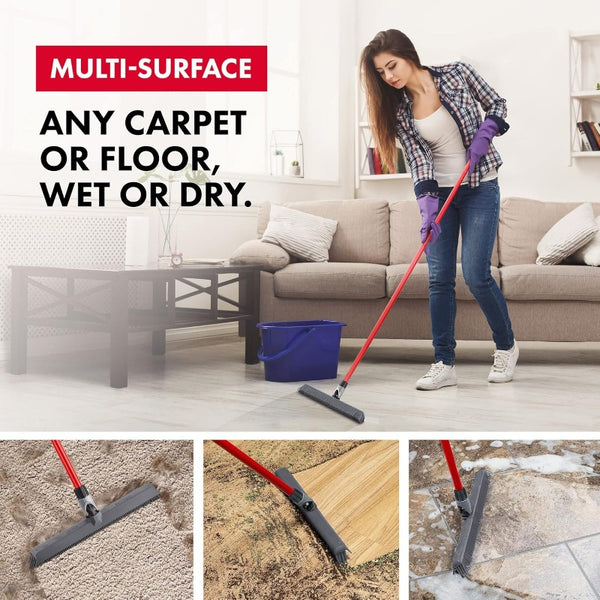 2-in-1 Heavy-Duty Rubber Broom with Long Handle & Swivel Head - Heavy-Duty Carpet Rake