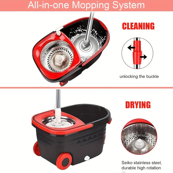Spin Mop And Bucket with Wringer Set On Wheels, 360° Spinning Mop Bucket System with 3 Microfiber Replacement Heads