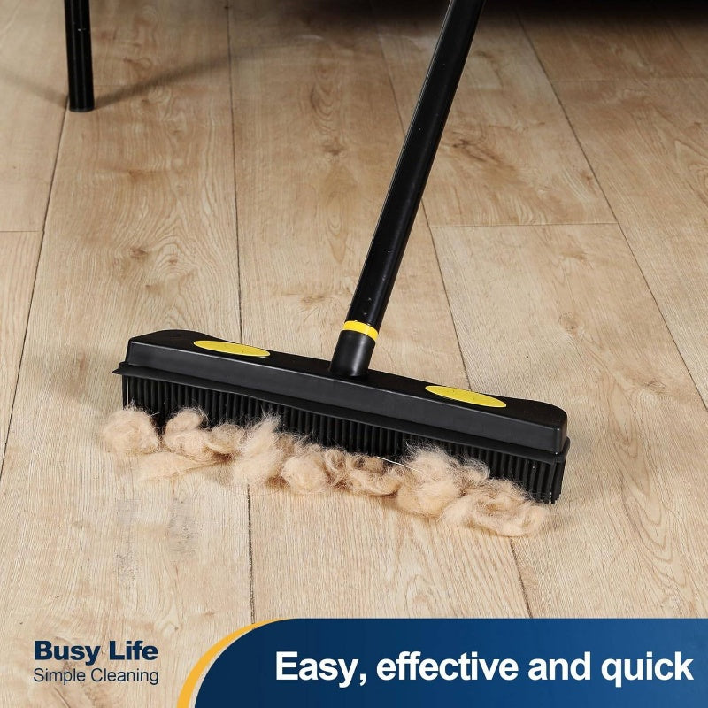 2-in-1 Pet Hair Removal Rubber Broom with Squeegee & Carpet Rake - 57.5” Long Handle Heavy-Duty Floor for