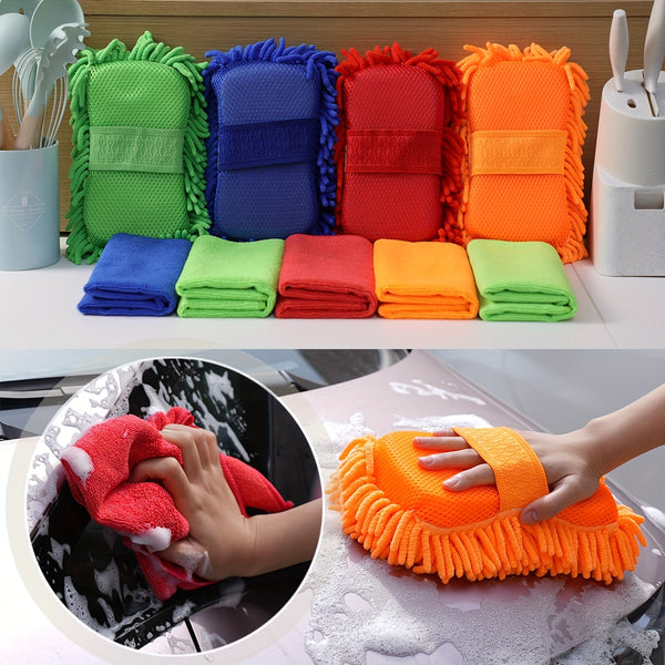Super Absorbent Microfiber Car Wash Sponge And Towel Set - 6pcs Set Including 1 Chenille Cleaning Sponge