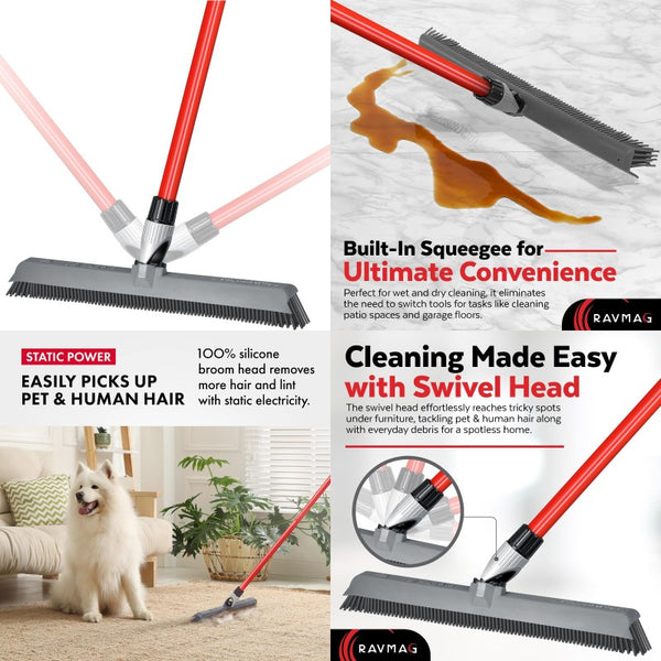 2-in-1 Heavy-Duty Pet Hair Removal Broom with Swivel & Long Handle - Heavy-Duty Rubber Bristles & Squeegee Attachment
