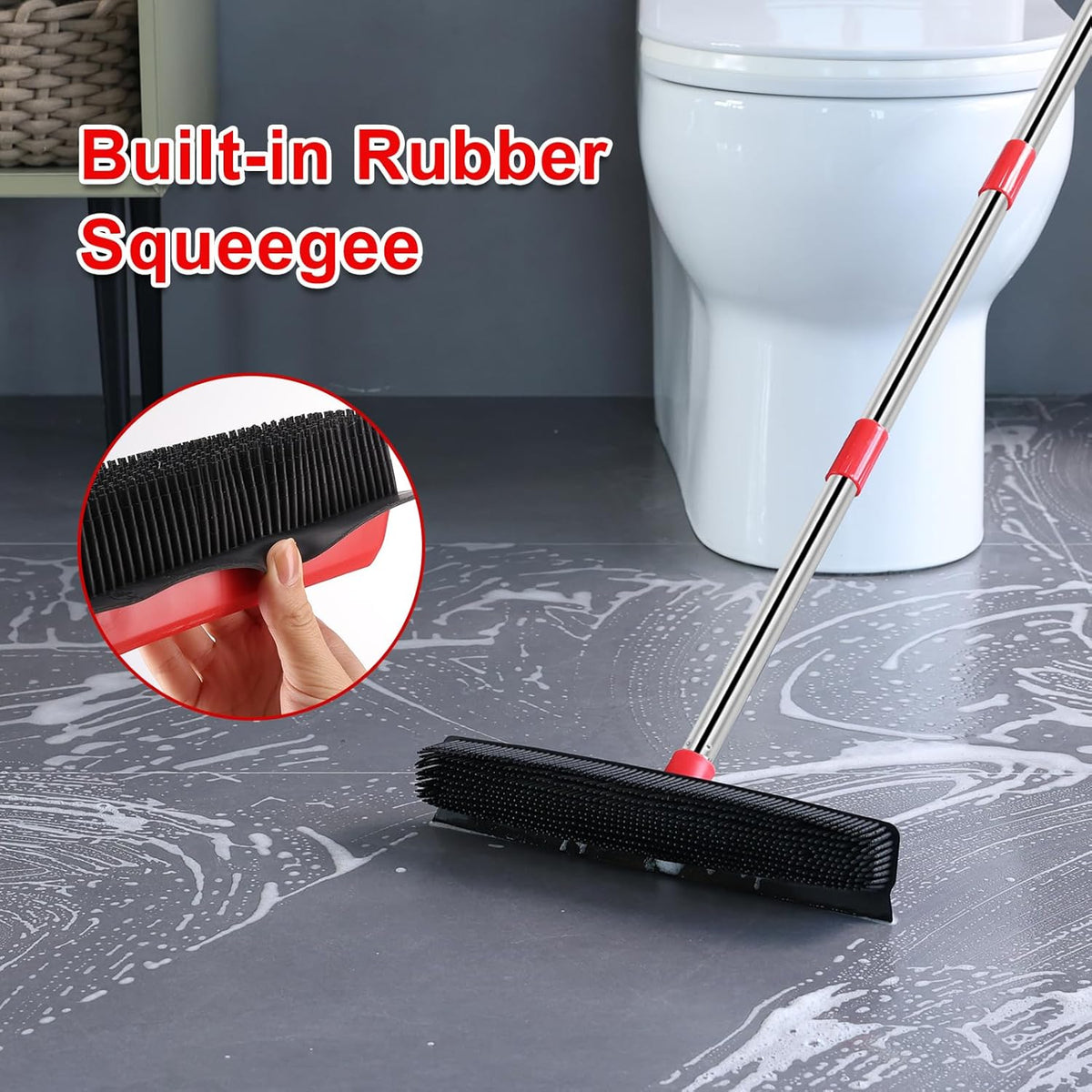 Rubber Broom with Long Handle(60IN), Indoor Floor Brush with Built in Squeegee(13IN)