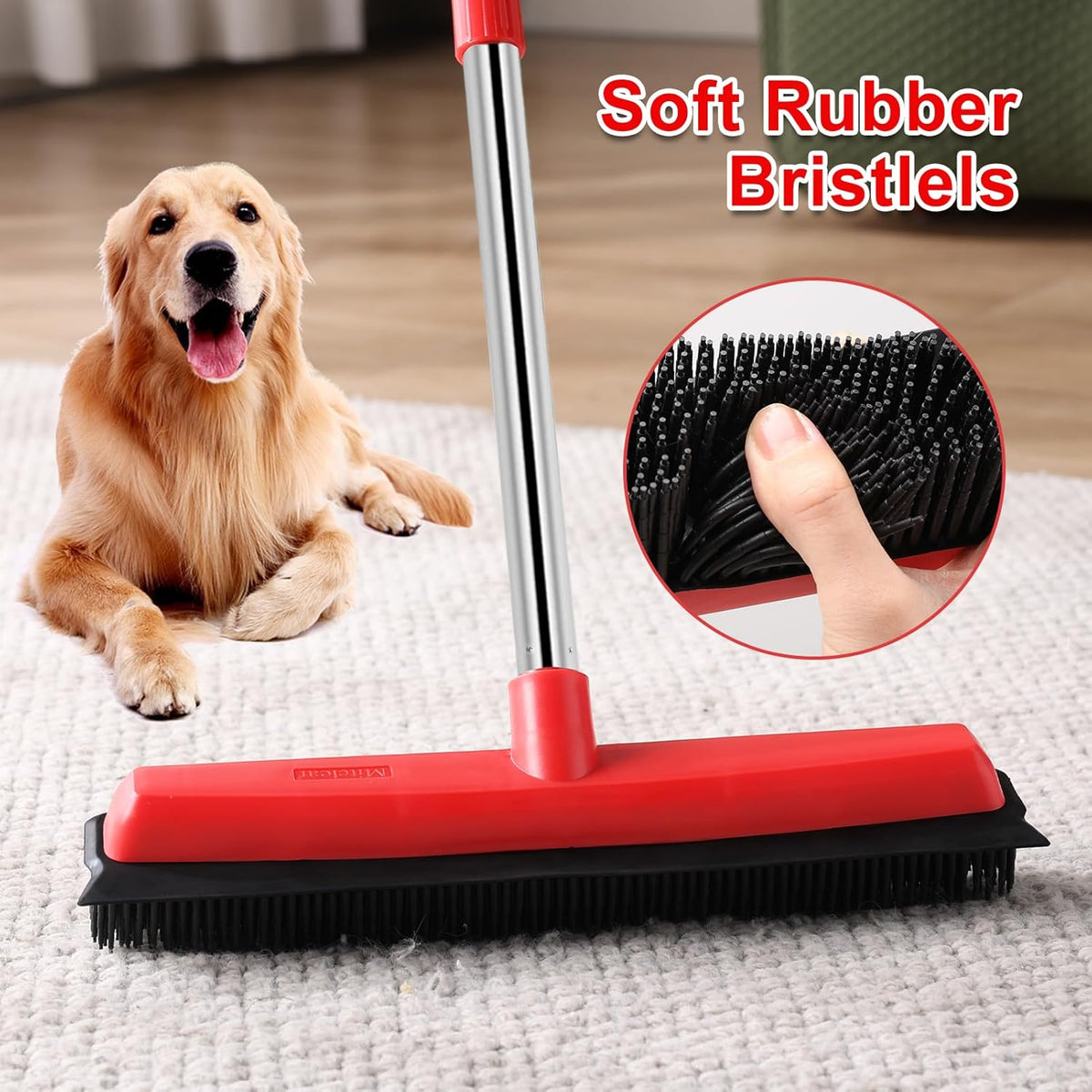 Rubber Broom with Long Handle(60IN), Indoor Floor Brush with Built in Squeegee(13IN)