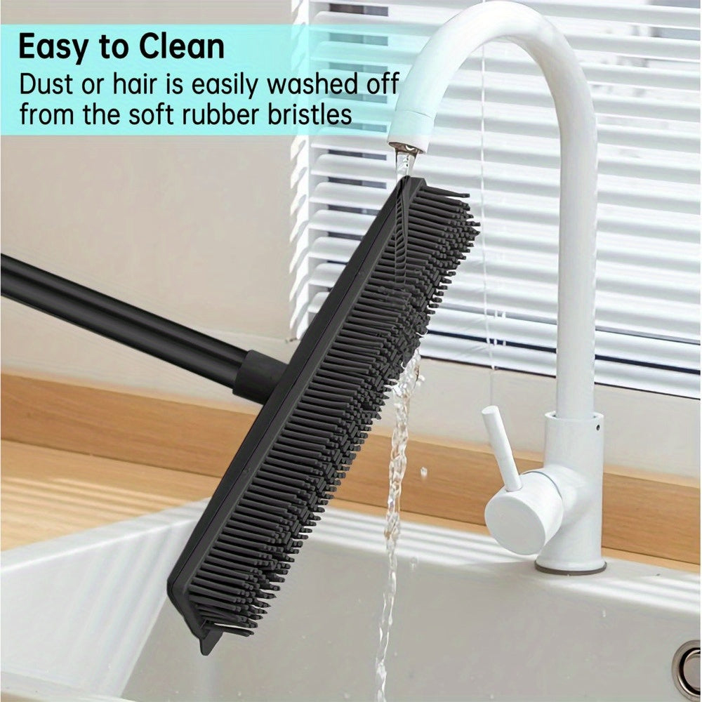2-in-1 Rubber Broom with Squeegee Edge, Adjustable Long Handle