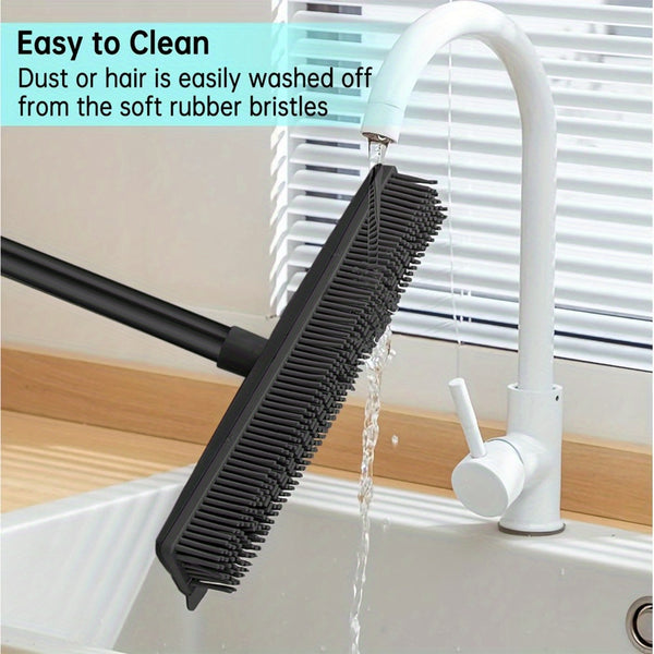 2-in-1 Rubber Broom with Squeegee Edge, Adjustable Long Handle