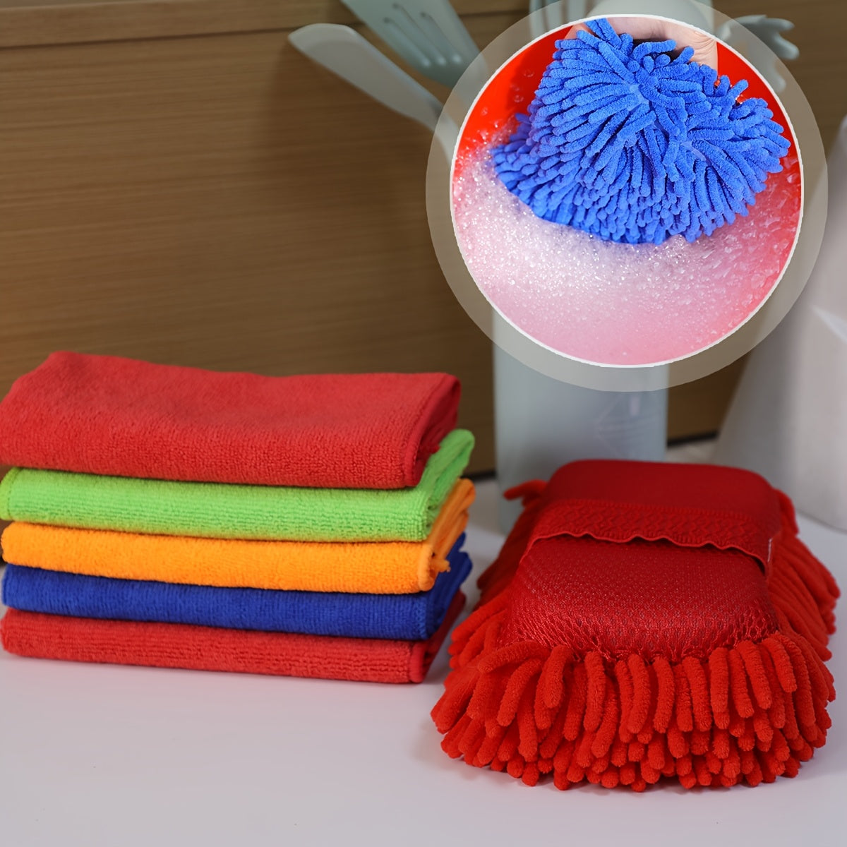 Super Absorbent Microfiber Car Wash Sponge And Towel Set - 6pcs Set Including 1 Chenille Cleaning Sponge