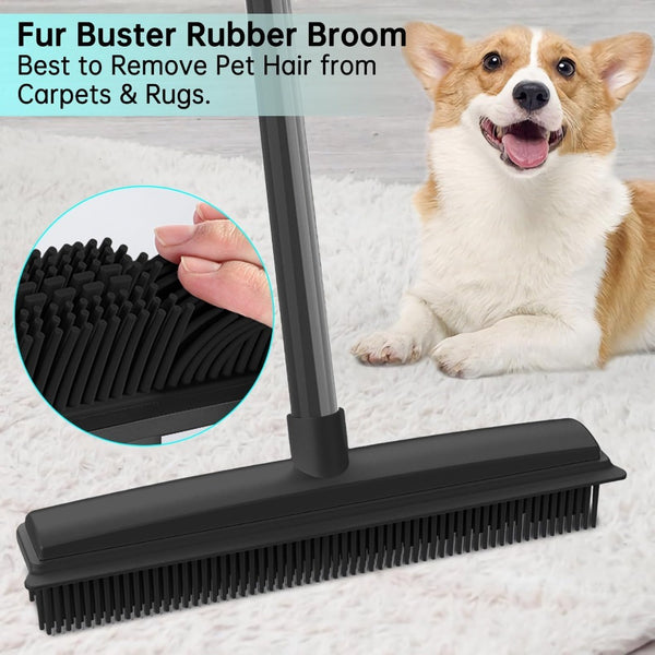 2-in-1 Rubber Broom with Squeegee Edge, Adjustable Long Handle