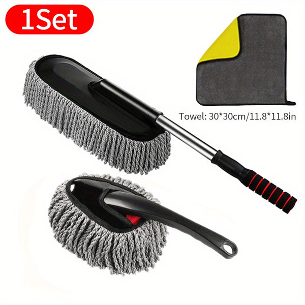 3pcs Car Wash Mop with Extendable Handle, Ultra-Fine Microfiber Wax Brush Kit