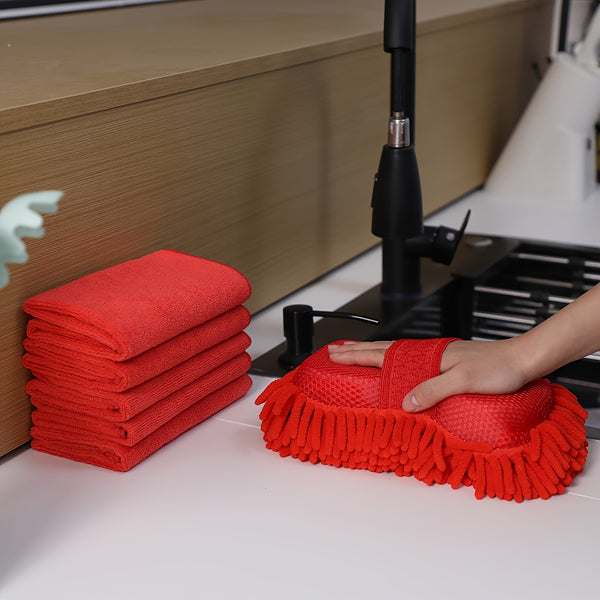 Super Absorbent Microfiber Car Wash Sponge And Towel Set - 6pcs Set Including 1 Chenille Cleaning Sponge