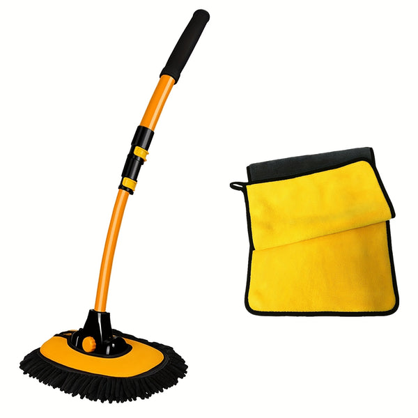 Black and Yellow Telescopic Mop and Towel Car Wash Set - Durable Microfiber