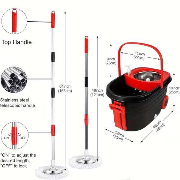 Spin Mop And Bucket with Wringer Set On Wheels, 360° Spinning Mop Bucket System with 3 Microfiber Replacement Heads