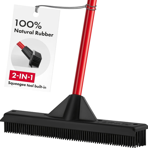 Commercial\u002FHeavy-Duty Pet Hair Remover Rubber Broom with Built-In Squeegee & Carpet Rake - Multi-Surface Floor for Hardwood Floors