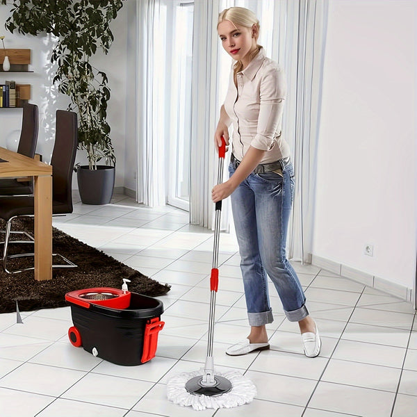 Spin Mop And Bucket with Wringer Set On Wheels, 360° Spinning Mop Bucket System with 3 Microfiber Replacement Heads