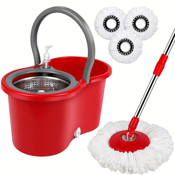 Spin Mop And Bucket with Wringer Set On Wheels, 360° Spinning Mop Bucket System with 3 Microfiber Replacement Heads