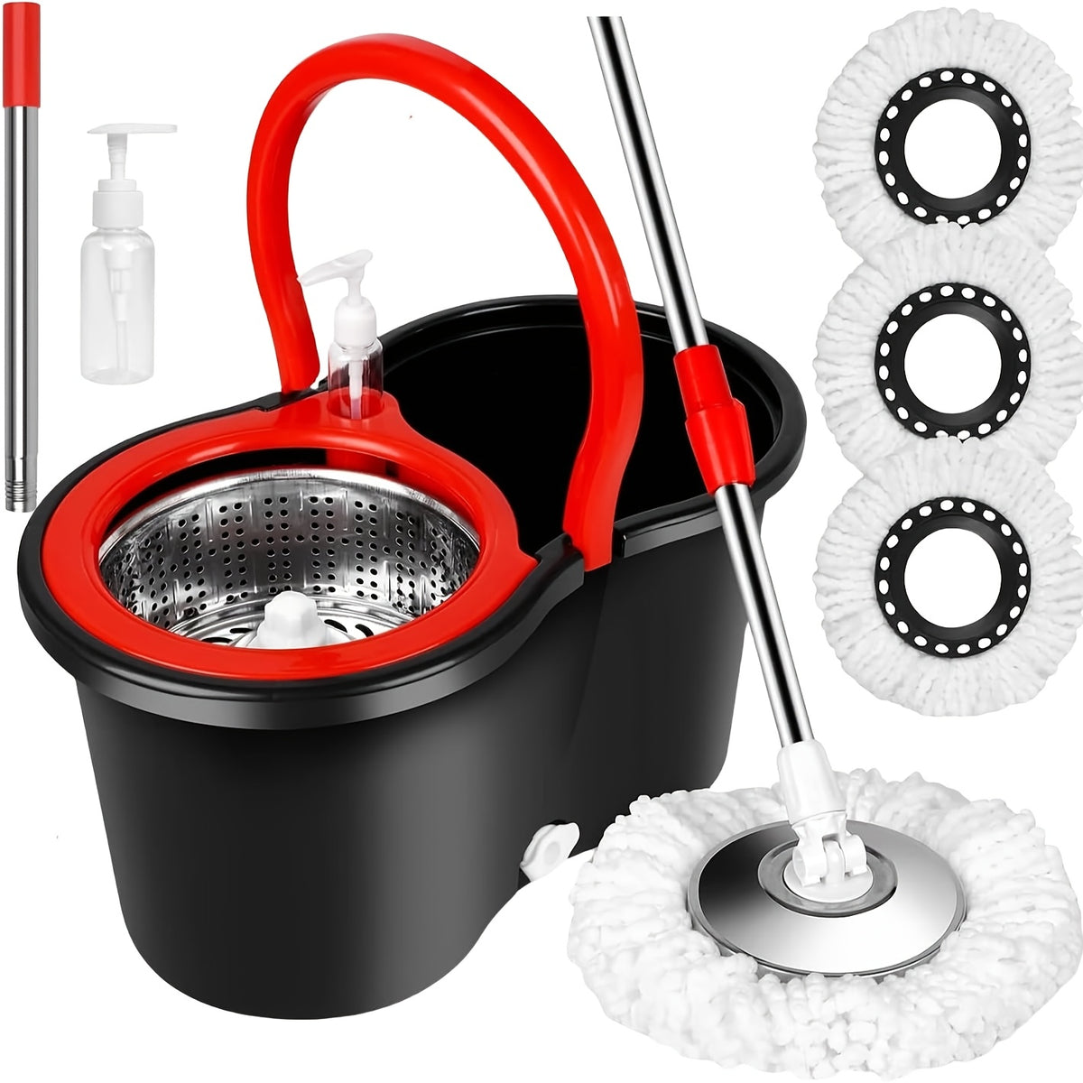 Spin Mop And Bucket with Wringer Set On Wheels, 360° Spinning Mop Bucket System with 3 Microfiber Replacement Heads