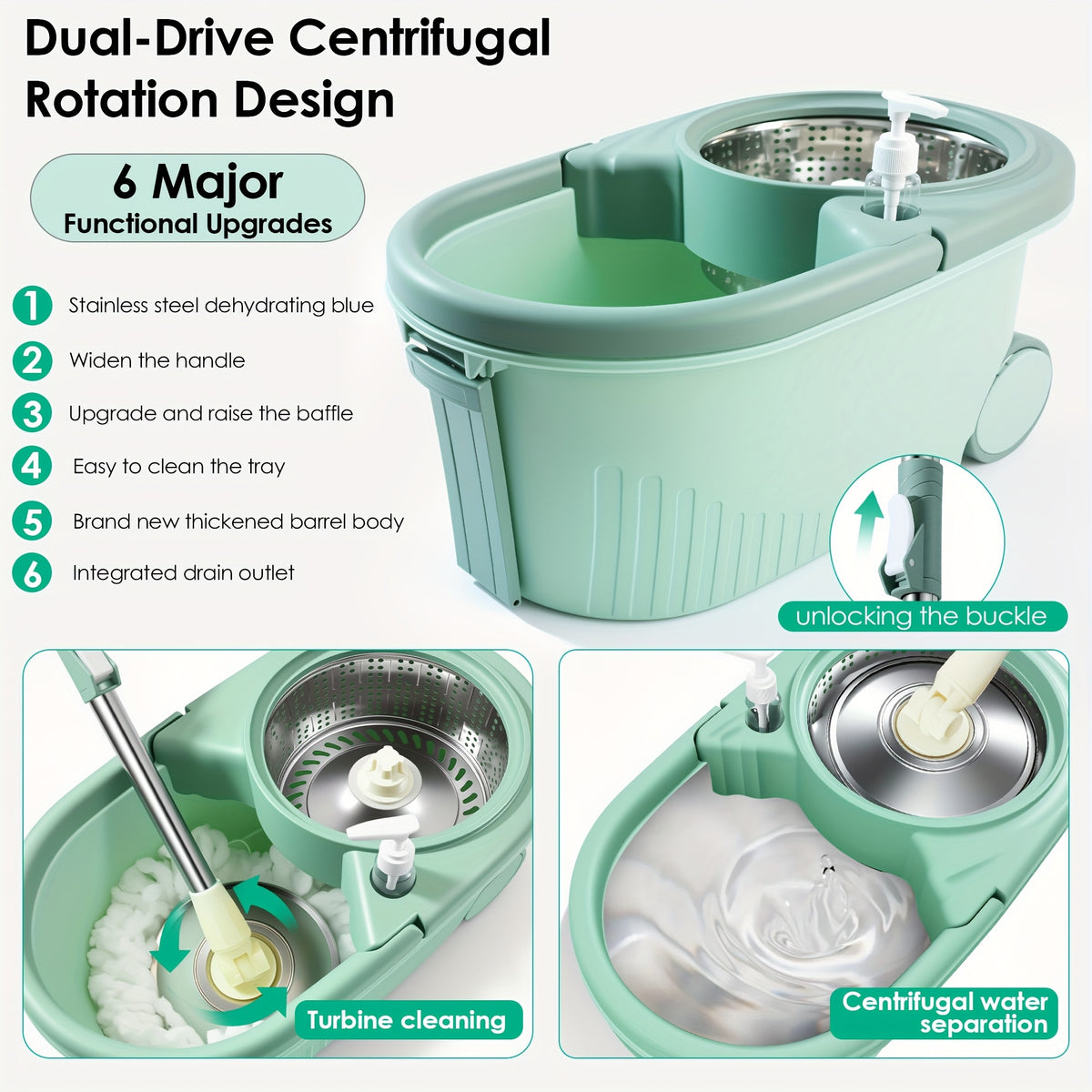 Durable Spin Mop Bucket with Wringer Set - 360° Rotating, 3 Microfiber Replacement Heads