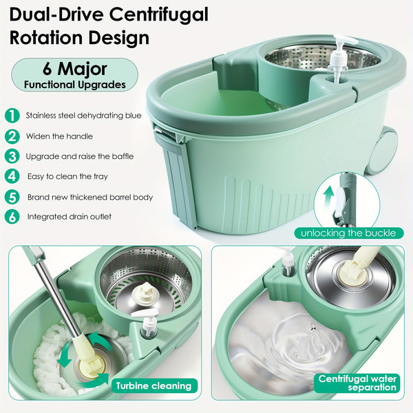 Durable Spin Mop Bucket with Wringer Set - 360° Rotating, 3 Microfiber Replacement Heads