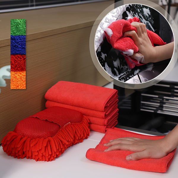 Super Absorbent Microfiber Car Wash Sponge And Towel Set - 6pcs Set Including 1 Chenille Cleaning Sponge