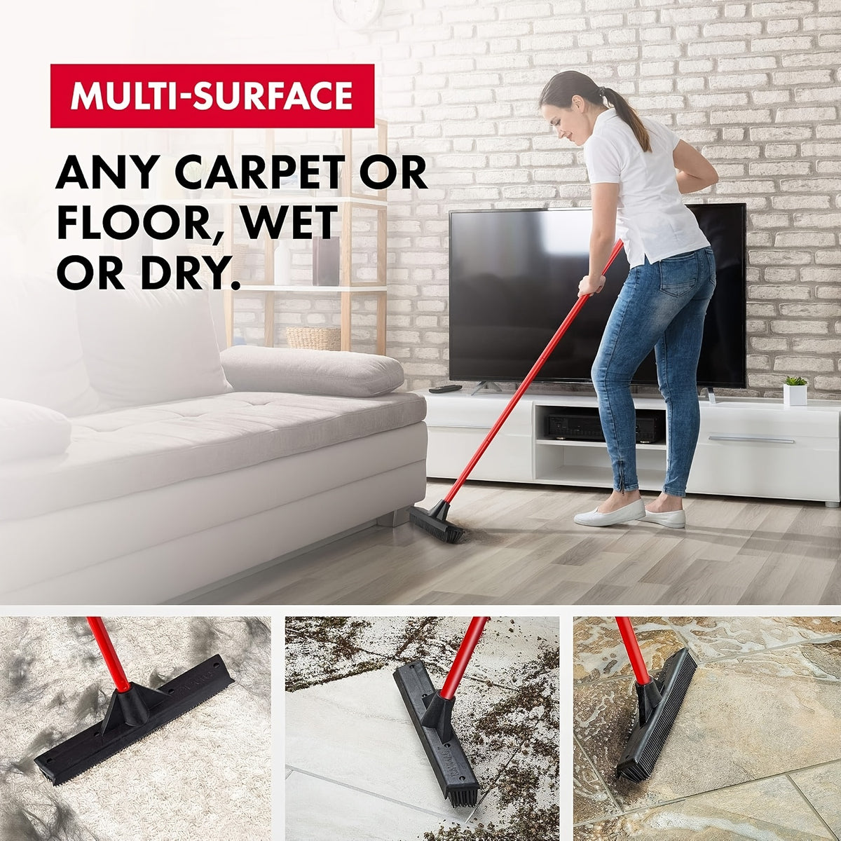 Commercial\u002FHeavy-Duty Pet Hair Remover Rubber Broom with Built-In Squeegee & Carpet Rake - Multi-Surface Floor for Hardwood Floors