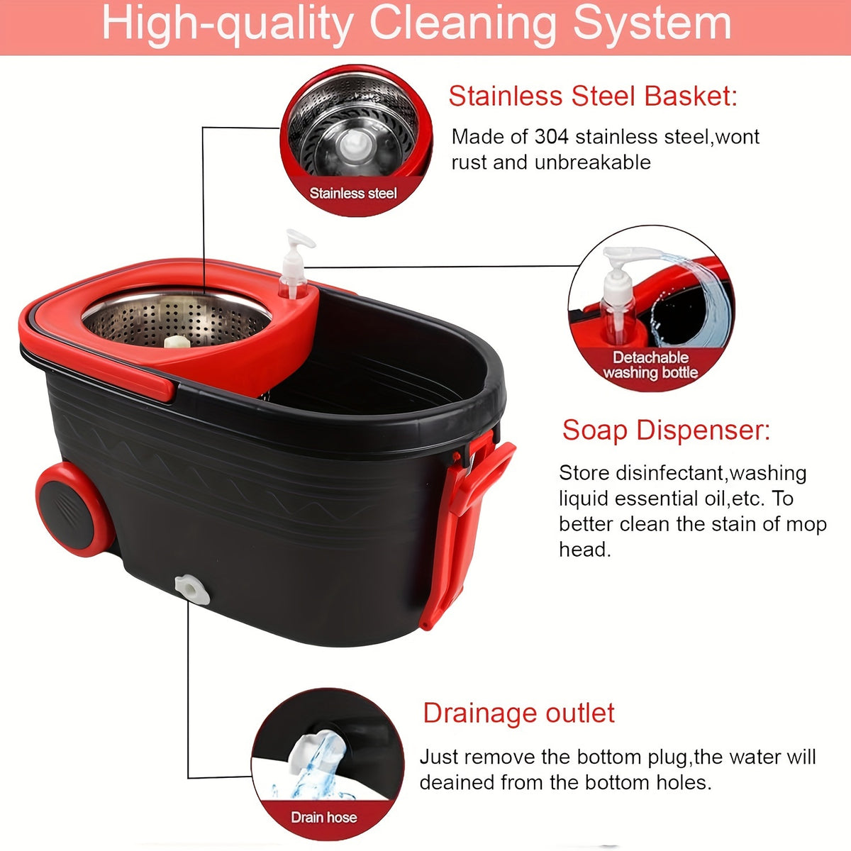 Spin Mop And Bucket with Wringer Set On Wheels, 360° Spinning Mop Bucket System with 3 Microfiber Replacement Heads