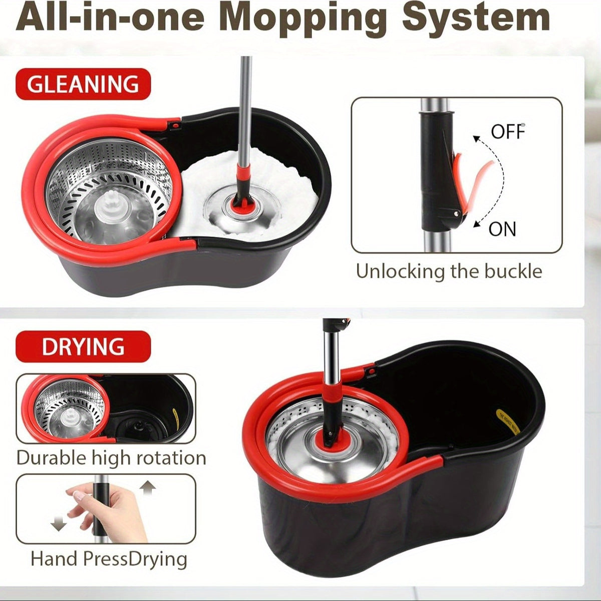 Spin Mop And Bucket with Wringer Set, 360° Spinning Mop And Bucket System with 3 Microfiber Mop Replacement Heads