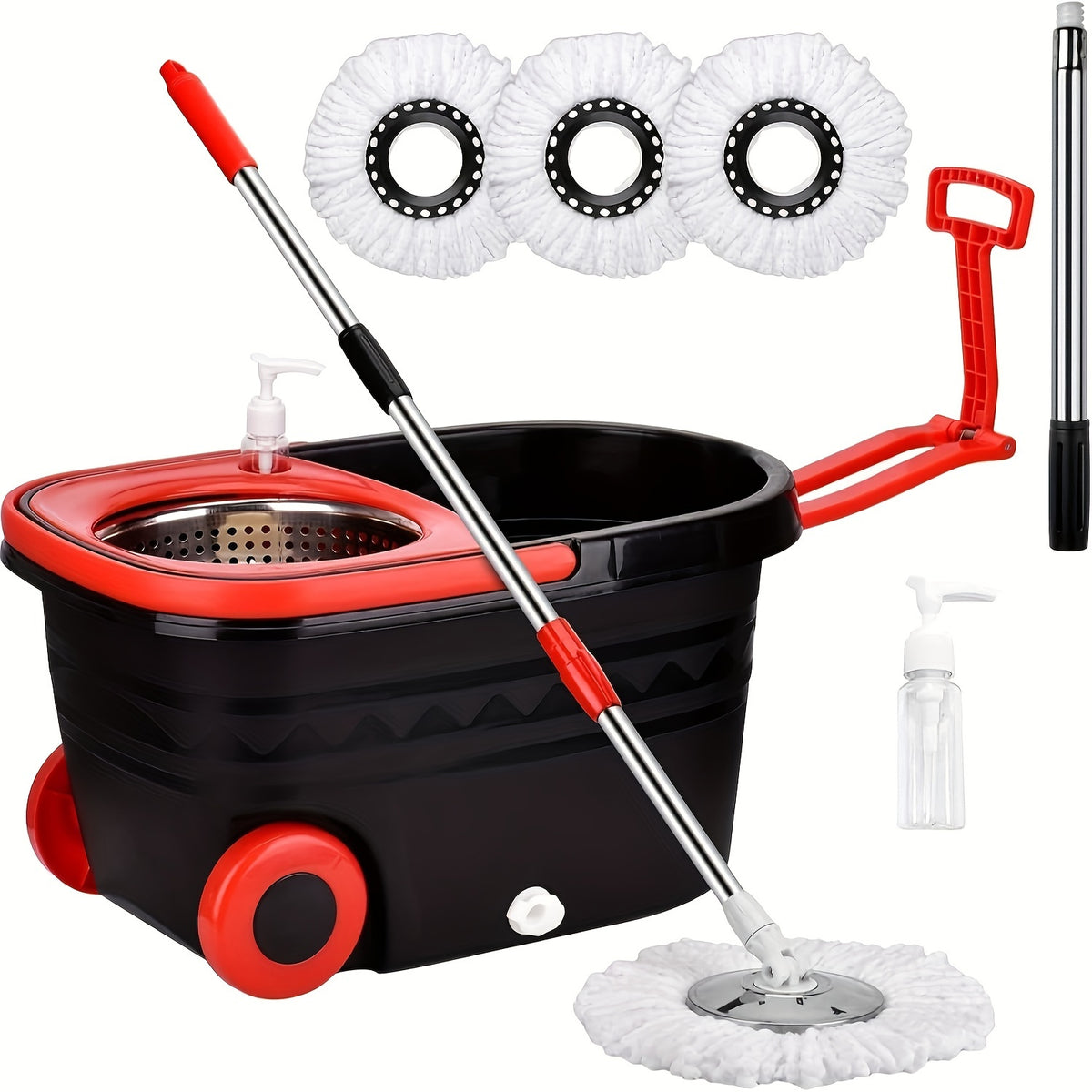 Spin Mop And Bucket with Wringer Set On Wheels, 360° Spinning Mop Bucket System with 3 Microfiber Replacement Heads