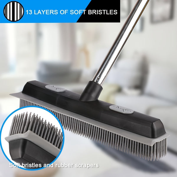 Pet Hair Rubber Broom With Carpet Rake And Squeegee, 2 In 1 Floor Brush For Carpet
