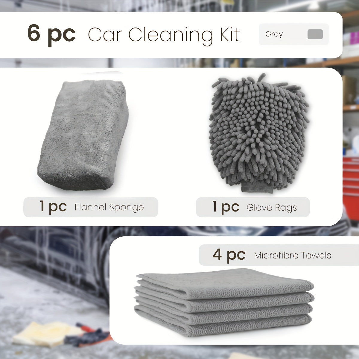 6pcs Car Cleaning Kit 6pcs Car Cleaning Kit - 1 Chenille Wash Mitt, 1 Flannel Sponge