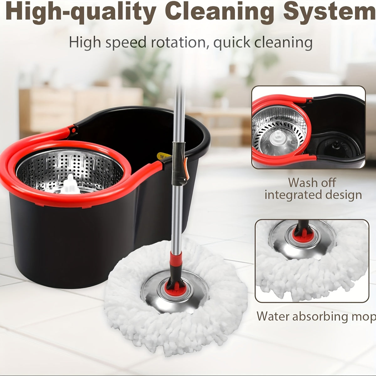 Spin Mop And Bucket with Wringer Set, 360° Spinning Mop And Bucket System with 3 Microfiber Mop Replacement Heads